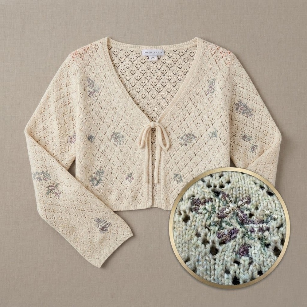 M Floral Embroidered Pointelle Tie Front Cropped Cardigan Cream Cottage coquette
